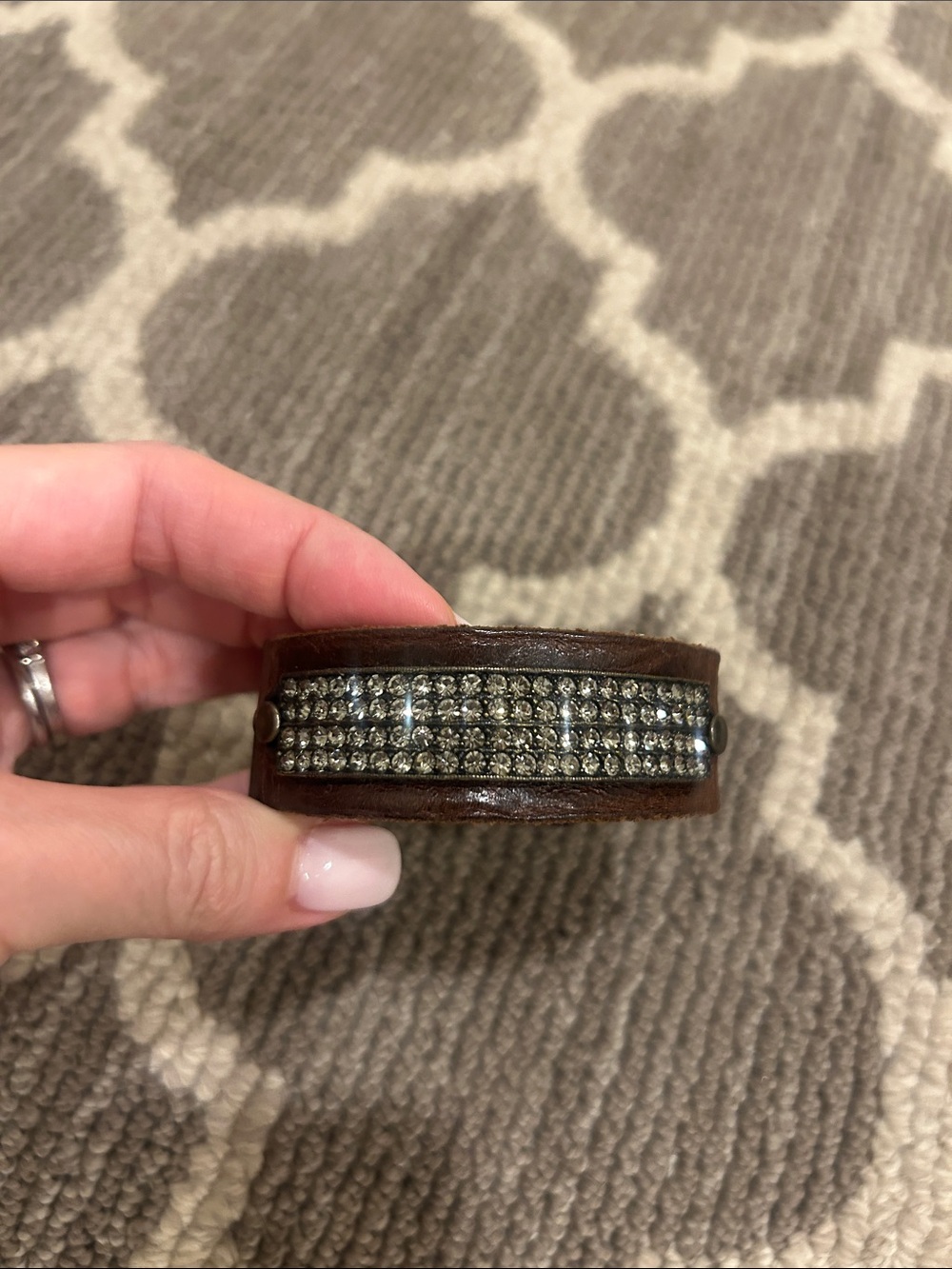 Crystal-Embellished Brown Leather Cuff Bracelet